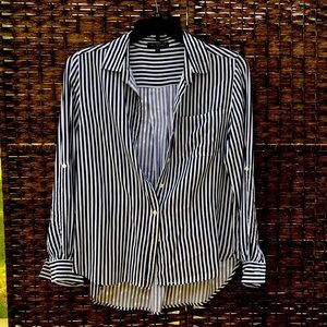 Navy striped long sleeve button down shirt